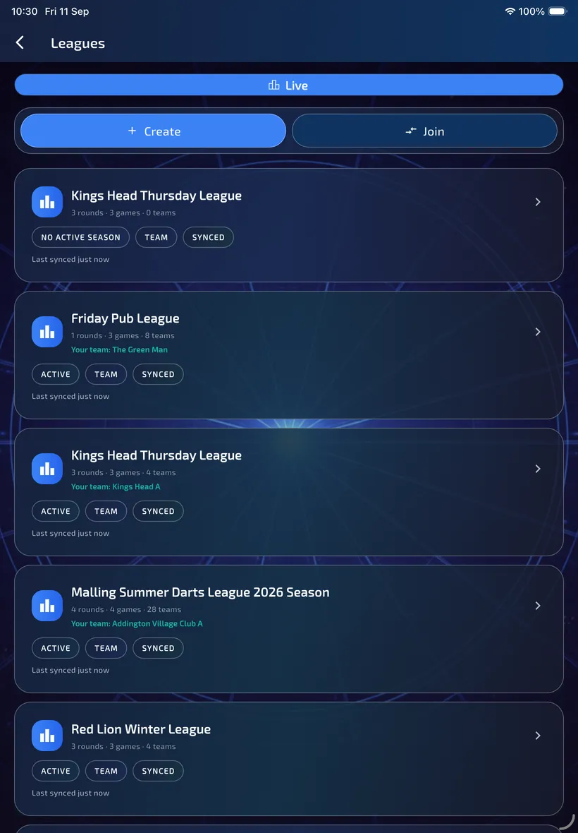 Leagues screen showing Live, Create, Join and existing synced team leagues.