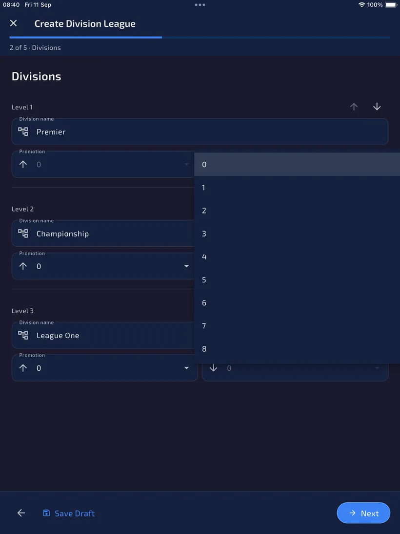Open relegation dropdown showing values from 0 to 8 for the Premier division.