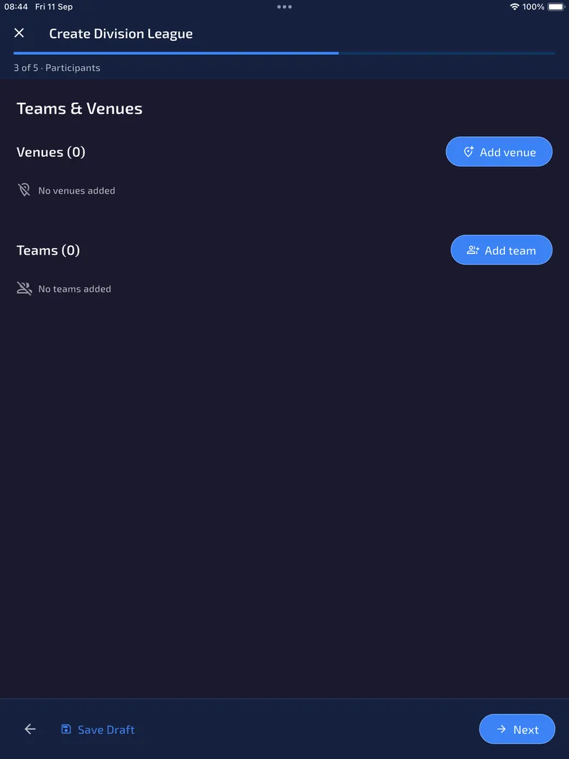Teams and Venues step with empty venue and team lists and Add venue and Add team actions.