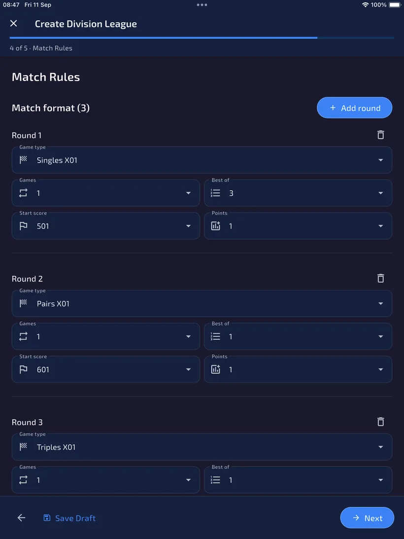 Match Rules showing three rounds: Singles X01 501 best of 3, Pairs X01 601 and Triples X01 701.