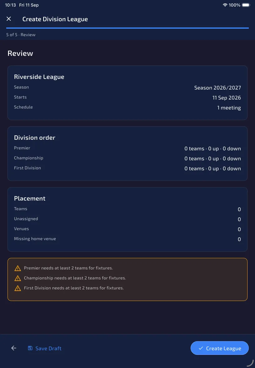 Review step for Riverside League showing Premier, Championship and First Division plus warnings that each division needs at least two teams.