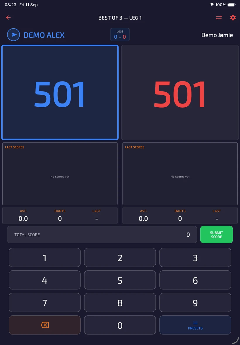 Complete standard iPad scorer with both players on 501, recent scores, statistics and numeric keypad.