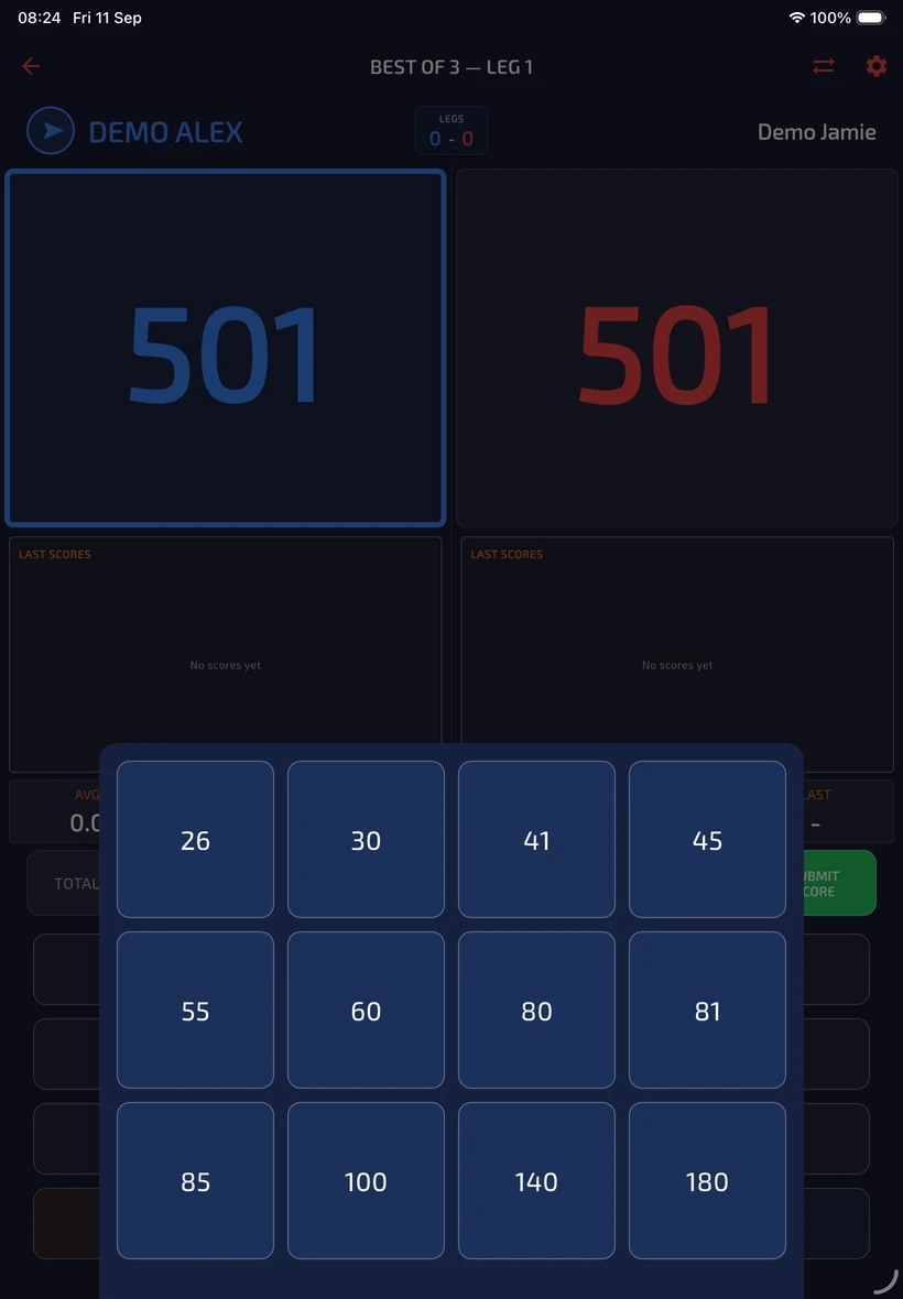 Open preset sheet offering scores including 26, 60, 81, 100, 140 and 180.
