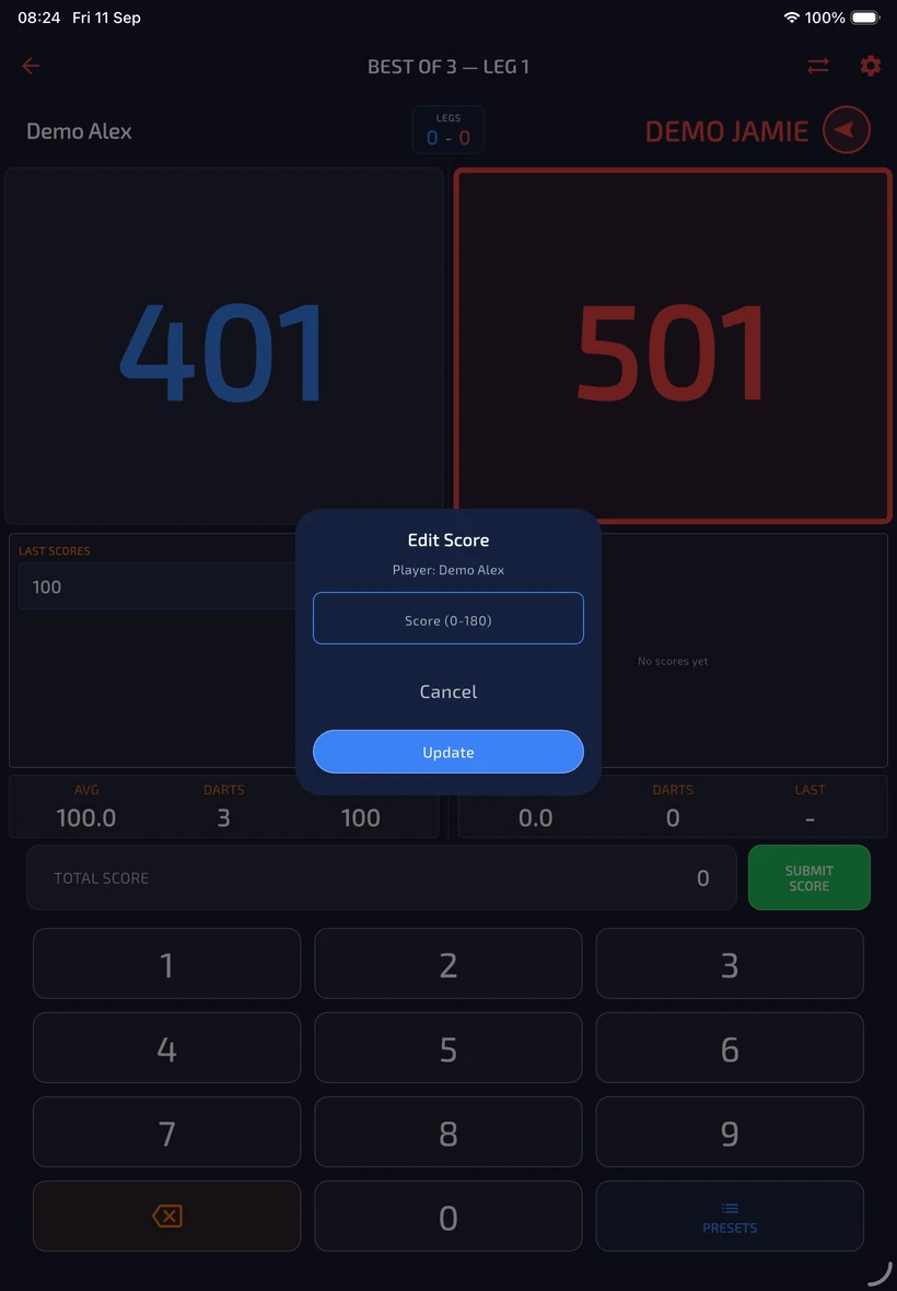 Edit Score dialog identifying Demo Alex and requesting a score from zero to 180.