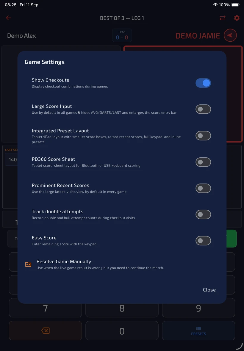 Game Settings switches for checkouts, large input, integrated presets, score sheet, recent scores, double attempts and Easy Score.