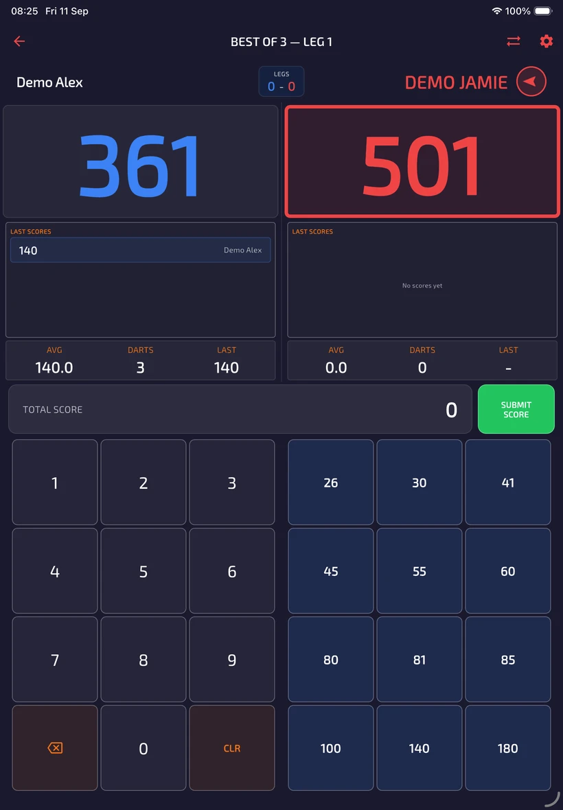 Full iPad integrated scorer with keypad on the left, preset grid on the right and recent visits above.