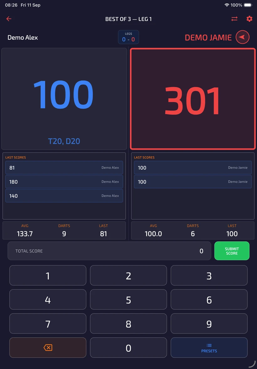Standard scorer showing Alex on 100 with the suggested T20, D20 finish beneath the score.