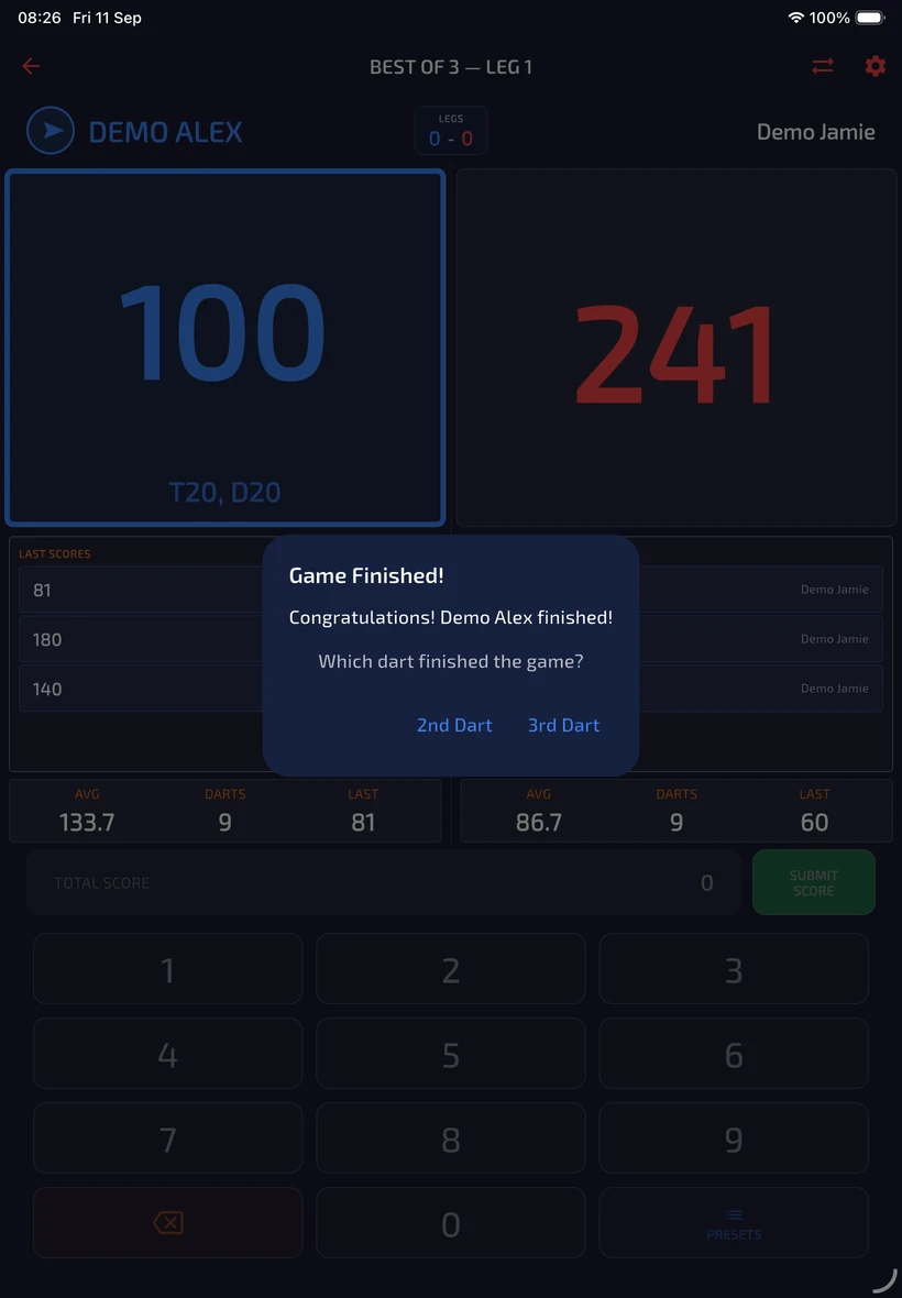 Game Finished prompt for Demo Alex's 100 finish, offering second or third dart.