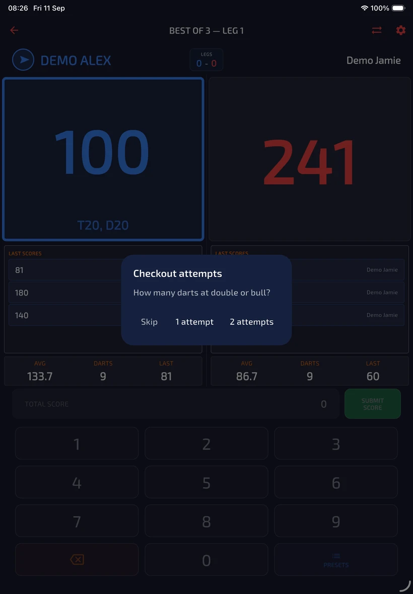Checkout attempts dialog asking how many darts at double or bull, with Skip, one attempt and two attempts.