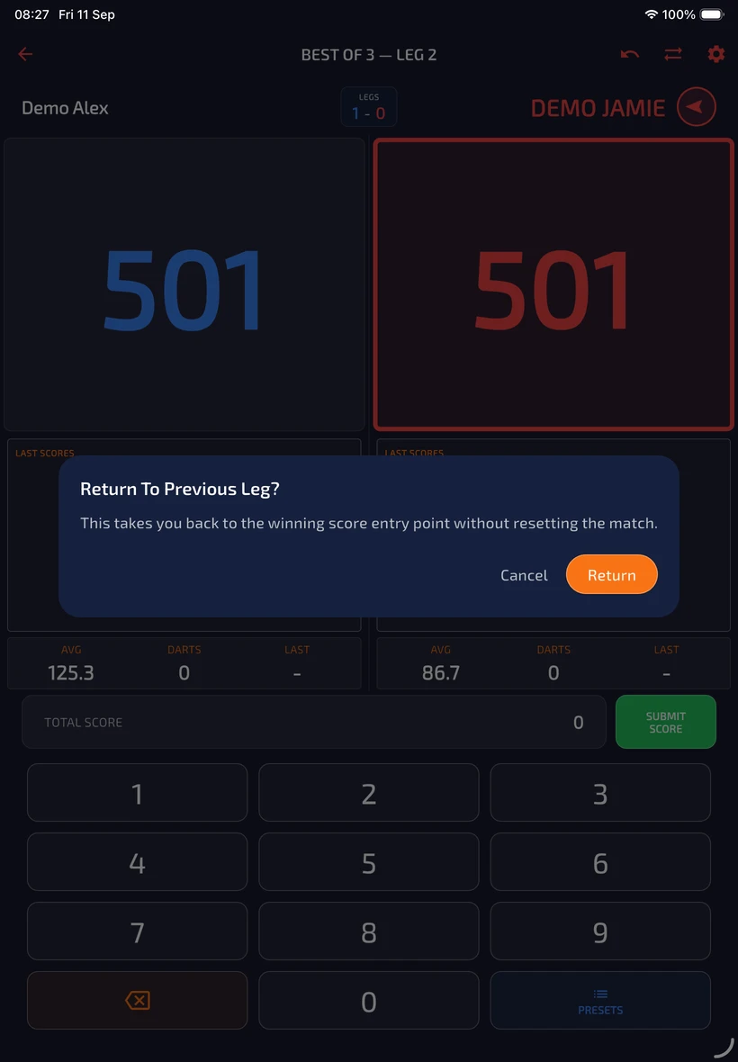 Return To Previous Leg confirmation explaining it restores the winning score entry point without resetting the match.
