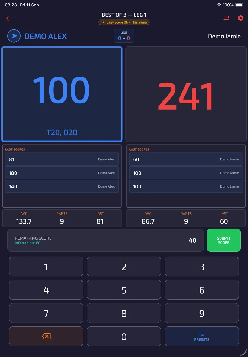 Easy Score enabled for this game with remaining score 40 and inferred hit 60 before submission.