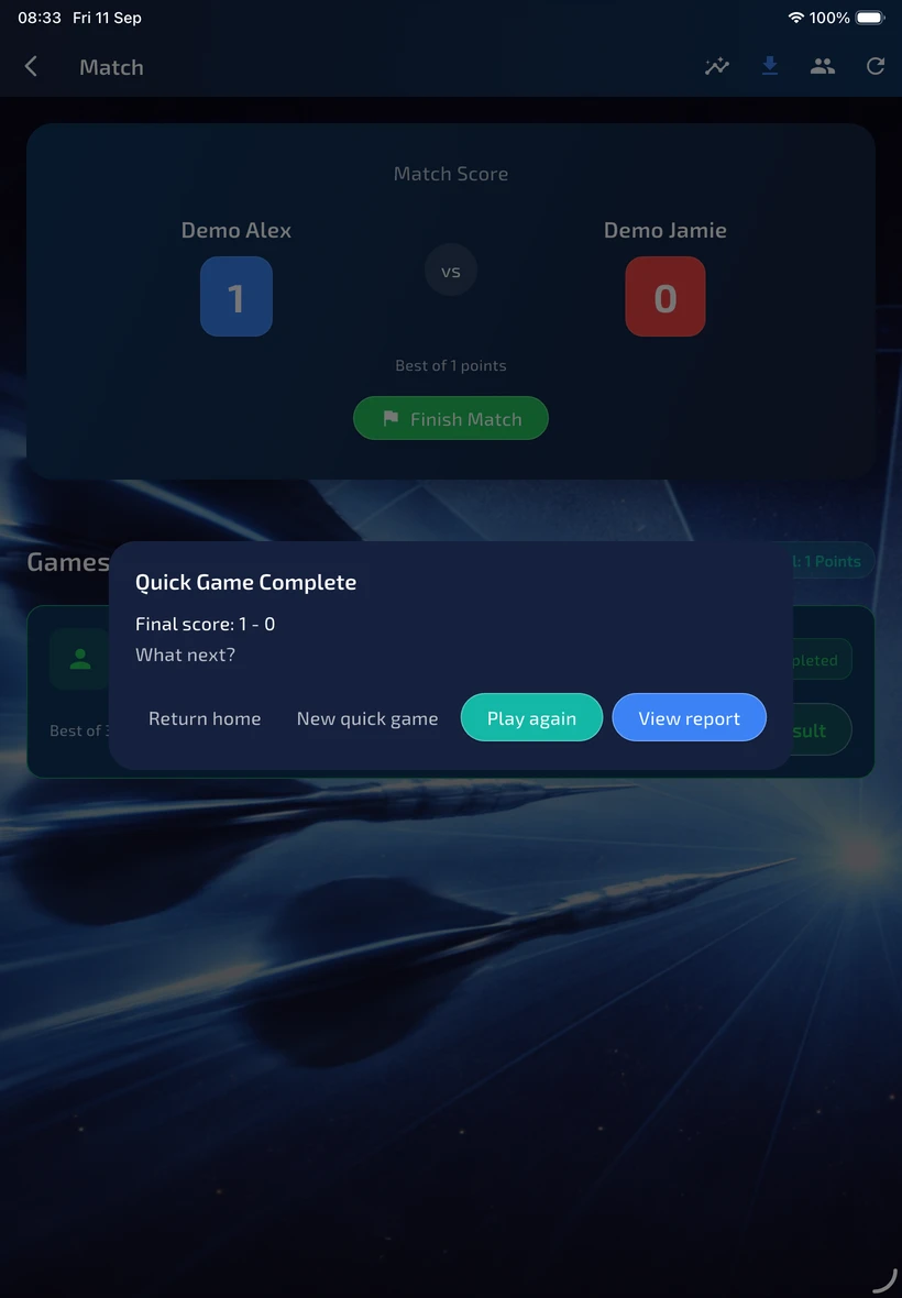 Quick Game Complete dialog with final match score one nil and actions to return home, start another game, play again or view report.