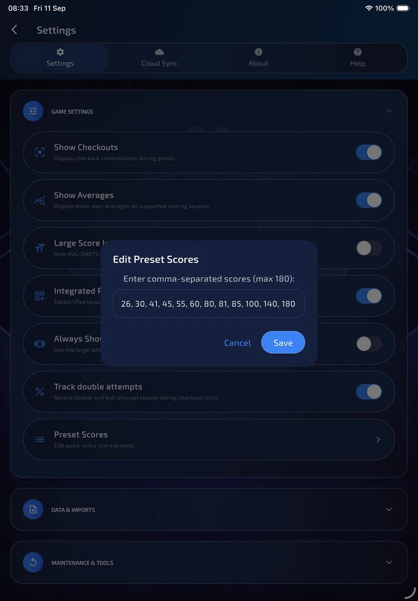 Edit Preset Scores dialog containing a comma-separated score list and Cancel and Save buttons.