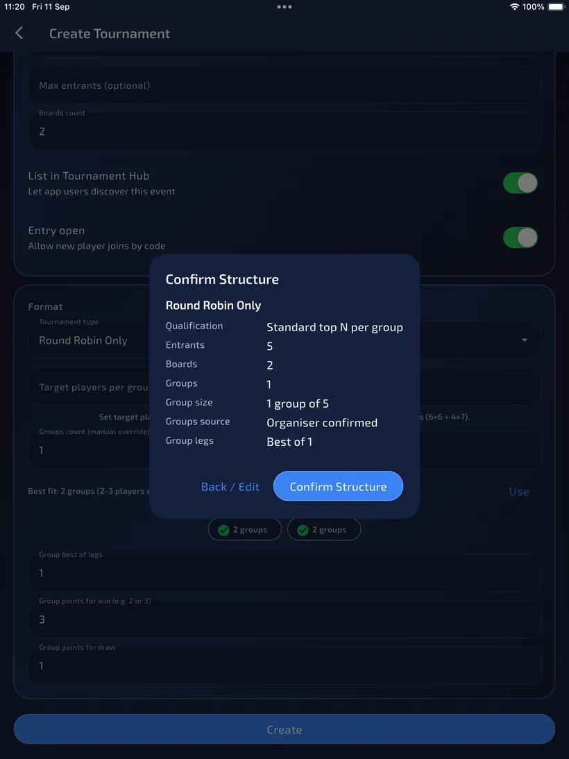 Confirm Structure dialog at create showing Round Robin Only, 5 entrants, 2 boards and 1 group of 5.