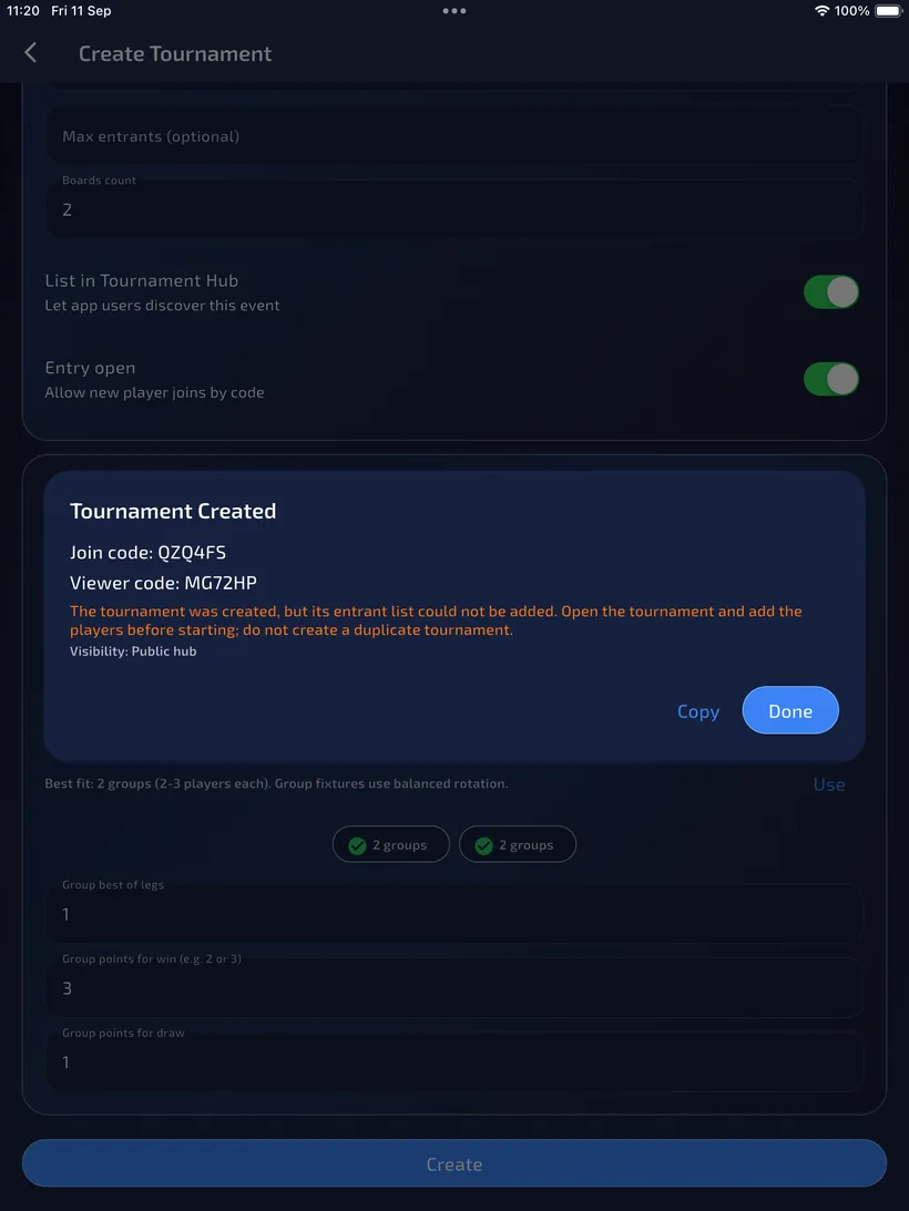 Tournament Created dialog with join and viewer codes and an orange warning that the name list was not added.