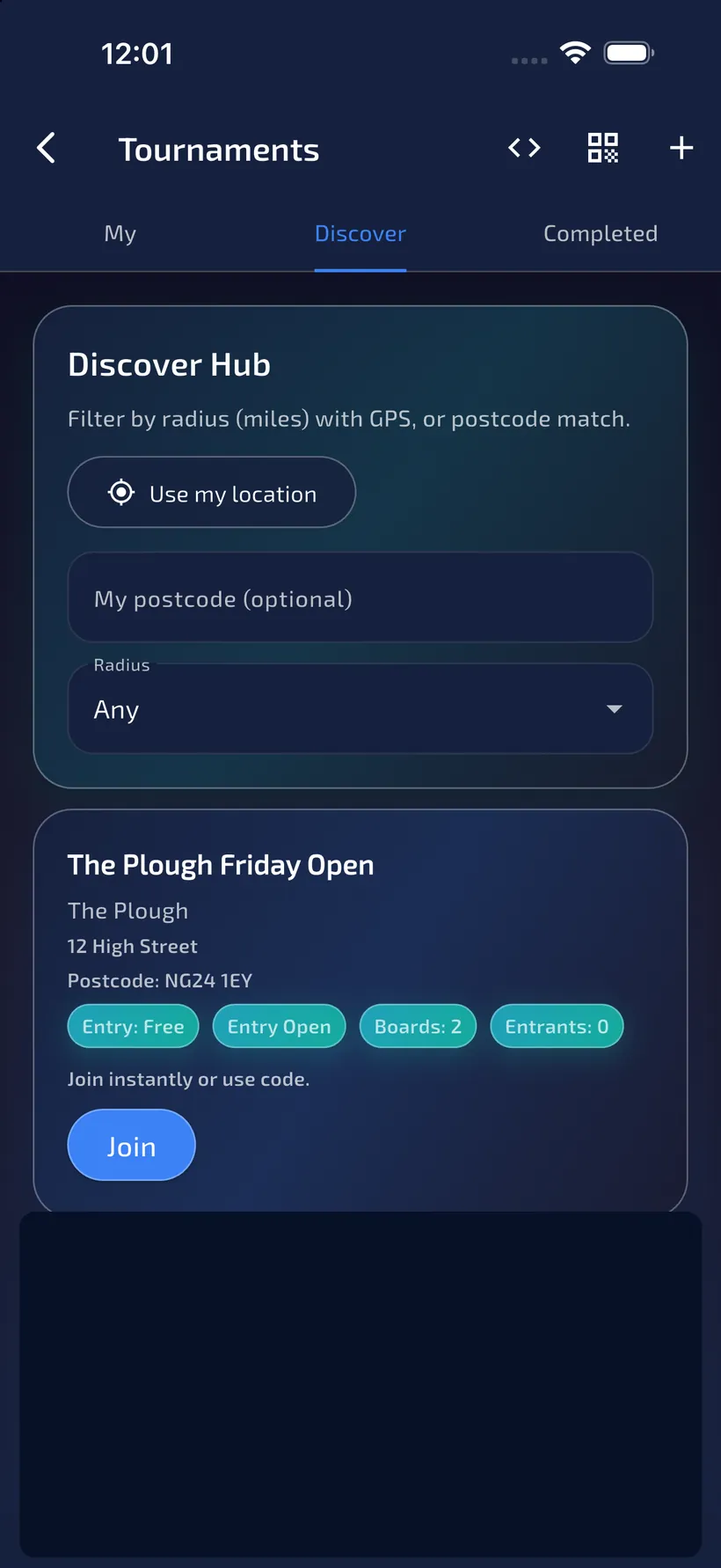 Player phone Discover Hub showing The Plough Friday Open at The Plough with Join.