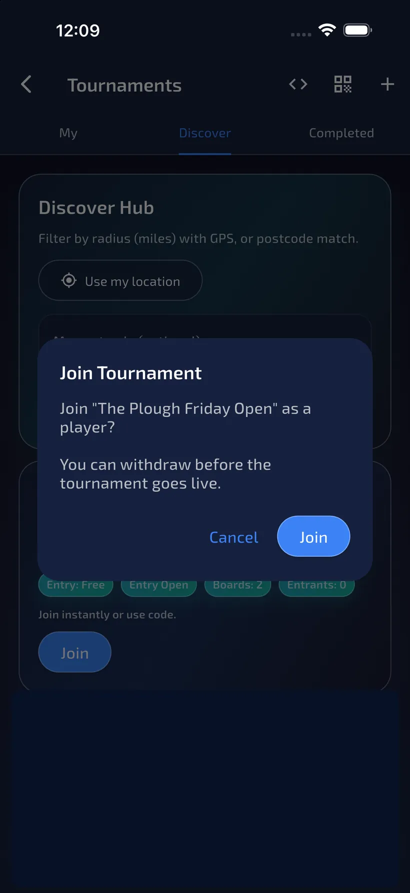 Join Tournament confirmation on a player phone for The Plough Friday Open.