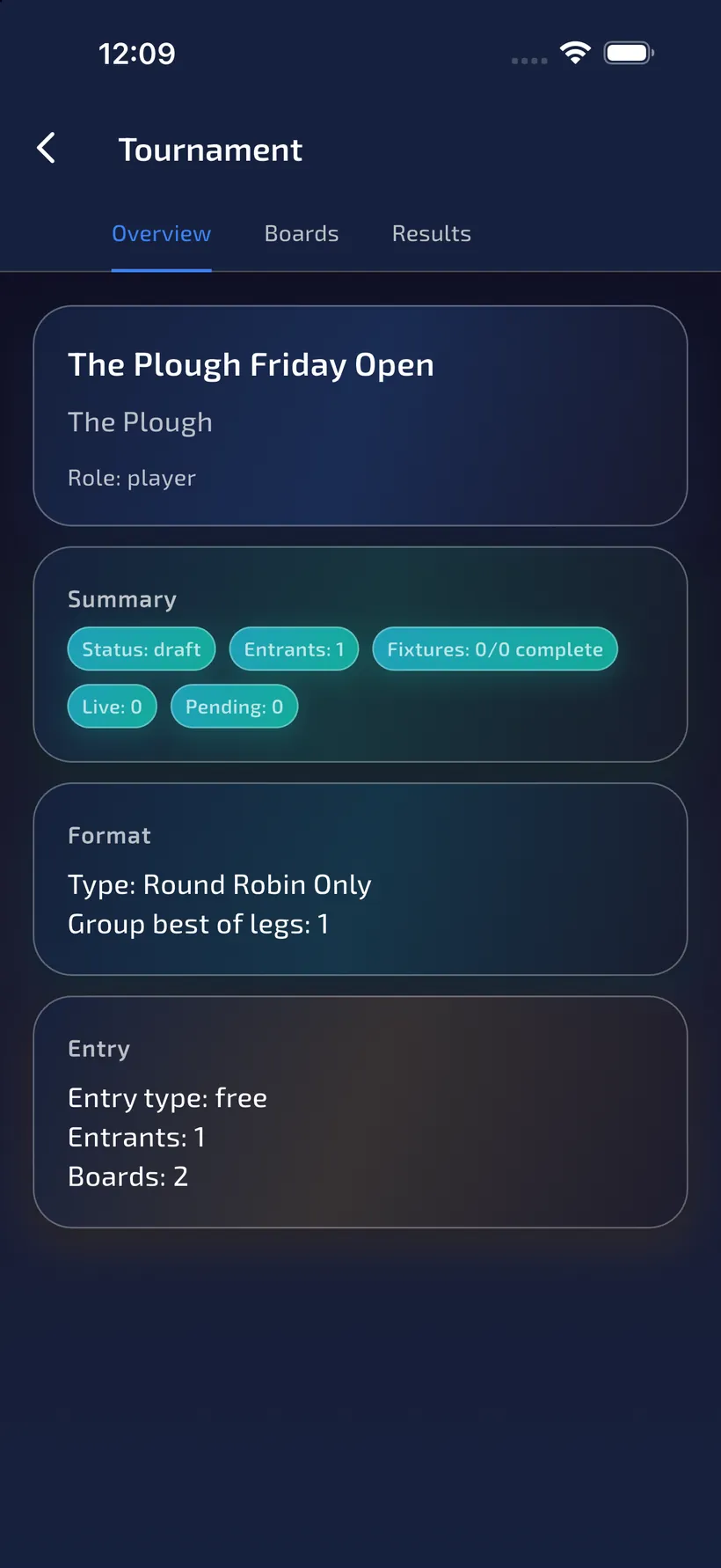 Player phone overview after joining The Plough Friday Open, role player and status draft.