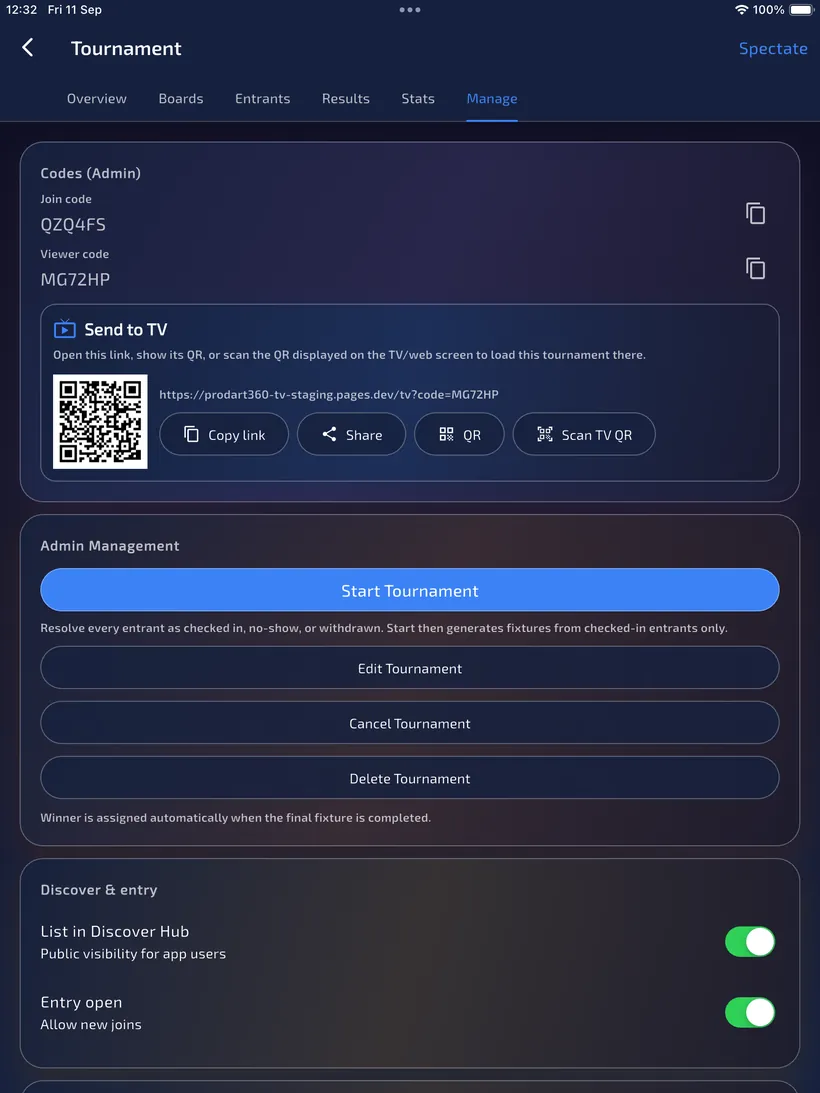 Manage tab with join and viewer codes, Send to TV and the Start Tournament control.