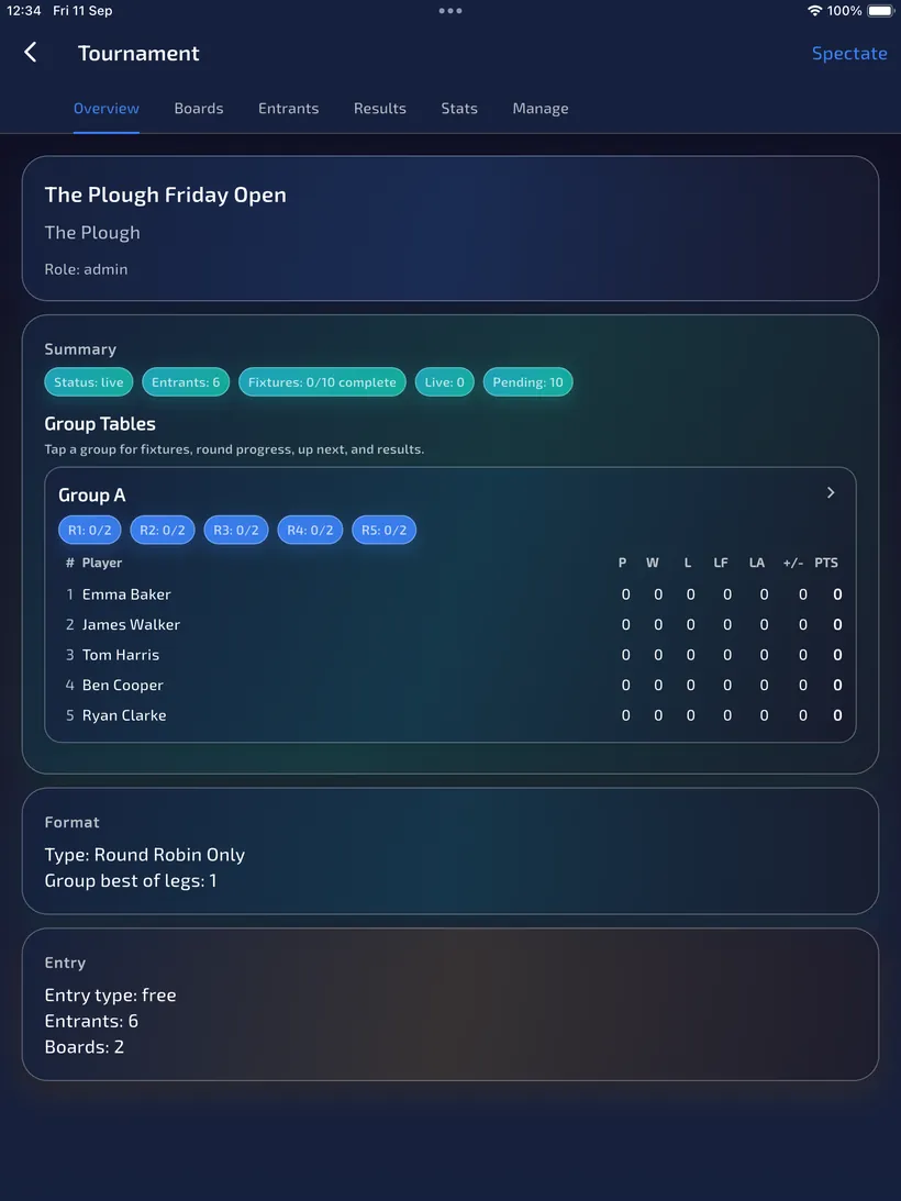 Live tournament overview for The Plough Friday Open with Group A of five players, 10 fixtures pending and no Bracket tab.