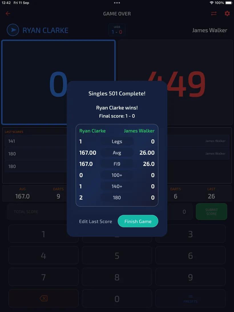 Singles 501 complete dialog showing Ryan Clarke beating James Walker 1-0 with Finish Game.