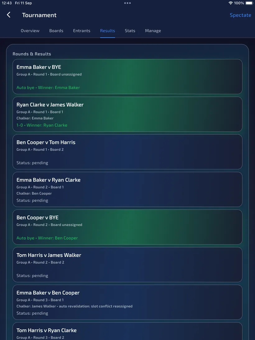 Results tab showing Emma Baker auto-bye against BYE, Ryan Clarke beating James Walker, and later pending pairings.